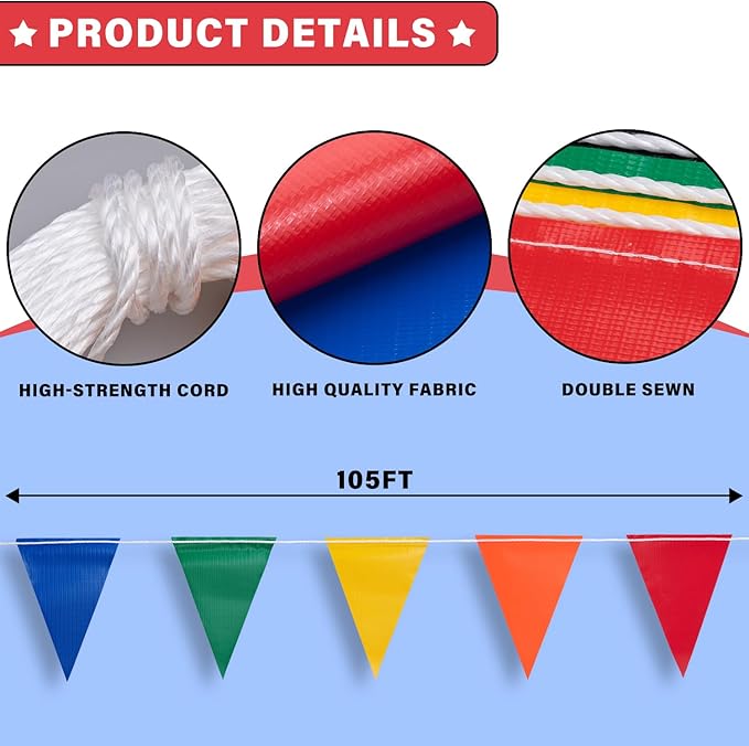105ft Pennant Banner Flags, 7"x10" Fluorescent Multicolor Safety Flagging Warning Banner for Construction Site/Traffic Control/Boundary Barrier Signs, Perimeter Marking Flags on String, 45 Pcs