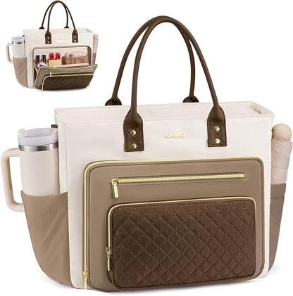 LOVEVOOK 17 Inch Laptop Tote Bag for Women, Teacher Nurse Work Bags, Laptop Bag With Large Cup Holder, Professional Briefcase Business Computer Purses Handbag Gifts,Khaki-Beige-Coffee