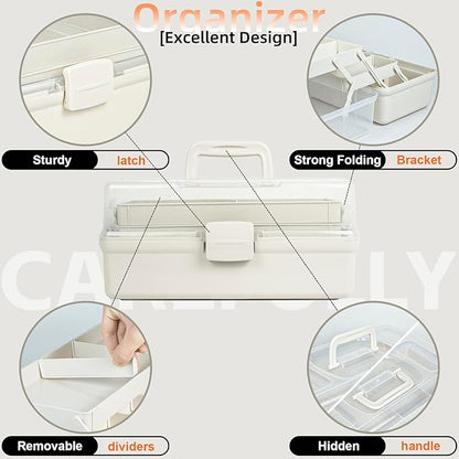 14in 3-Layer Multipurpose Craft Organizers and Storage with Adjustable Dividers, Portable Tackle Box, Folding Art & Craft Case for Medicine, Tool, Sewing Organizer (White, X-Large)