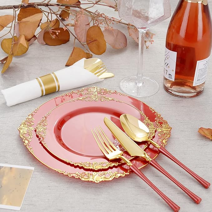 Liacere 30 PCS Gold Plastic Silverware with Pre Rolled Napkins - Gold Plastic Cutlery Premium Gold Plastic Utensils with Red Handle Includes 10Forks 10Knives 10Spoons 10Napkins for Christmas Day