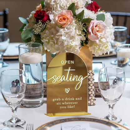 Acrylic Wedding Sign, Bridal Shower Decorations, Open Seating Sign for Ceremony, Modern Font Table Signs, Gold Mirror Arched Acrylic Tabletop Signs for Wedding Reception and Event Party