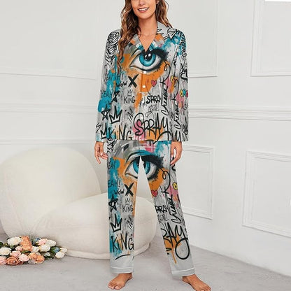 Lemons Leaves Ceramic Style Womens Pajama Set Long Sleeve Pajamas Top And Pants Soft Loungewear Pjs Sets