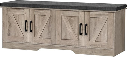 2-Tier Storage Bench, 47.2" Wide Shoe Bench with Padded Seat Cushion, Entryway Bench with 4 Barn Doors and Adjustable Shelf, Greige