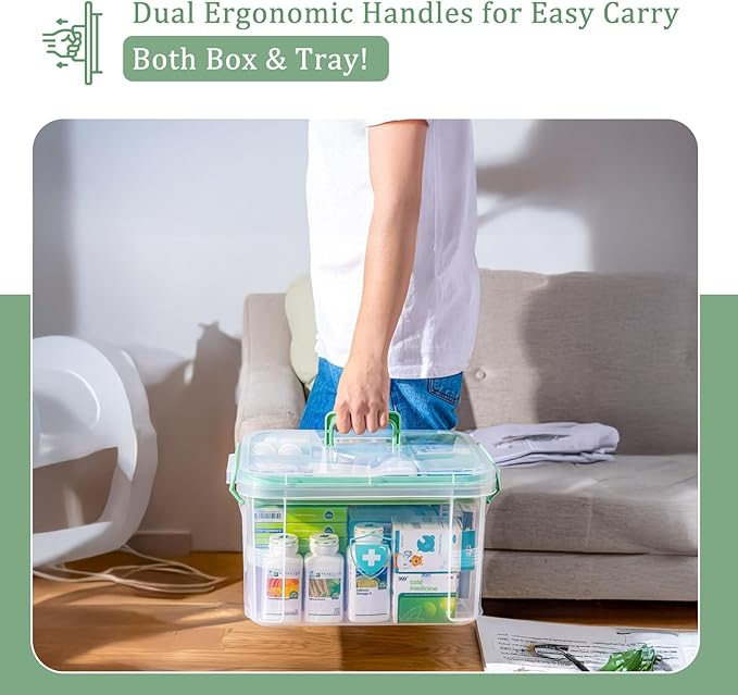 2 Pack Clear Medicine Organizer Box with Handle, Plastic Medicine Container with Tray First Aid Box Empty, Thickened Medicine Storage Organizer Multipurpose Medication Organizer Storage