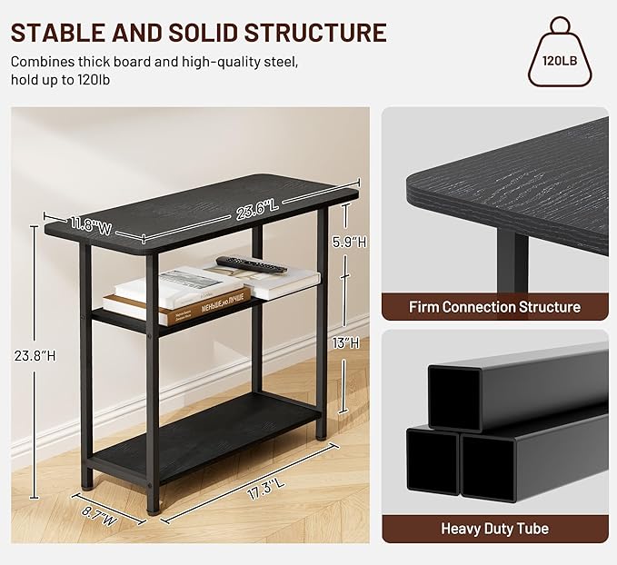 SLEEPING LAMB Side Table for Living Room, 3-Tier End Table for Small Space with Wide Storage Tabletop, Classic Black Narrow Nightstand for Bedroom, Sofa Couch