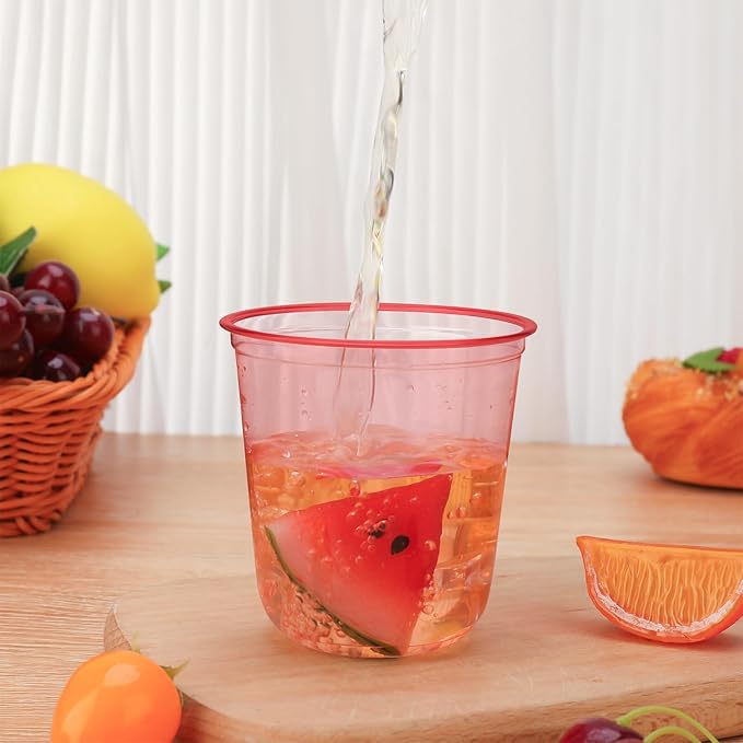 50pcs 12oz Disposable Stemless Glasses,PET Disposable Drinking Cups,Cold Party Clear Plastic Wine Glasses for Parties Birthday,Wedding,Meeting,Christmas Party Supplies. (Red)