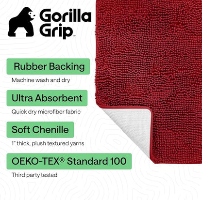 GORILLA GRIP Bath Rug Mat 30x20, Thick Soft Absorbent Chenille, Quick Dry Microfiber Mats, Rubber Backing Washable Shower Floor Rugs, US Designed Bathroom Bathmat Home Decor Accessories, Red