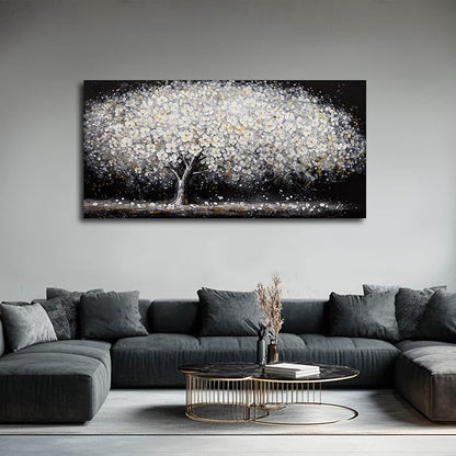NBAODAN Large Modern Artwork Black and White Tree Picture Wall Decor Canvas Wall Art for Living Room Dining Room Kitchen Bedroom 29"x58" White Floral With Gold Decorations