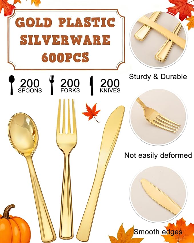 bUCLA 600 Pieces Gold Plastic Silverware - Disposable Gold Utensils - Heavyweight Plastic Cutlery set- 200 Forks, 200 Spoons, 200 Knives for Party & Thanksgiving