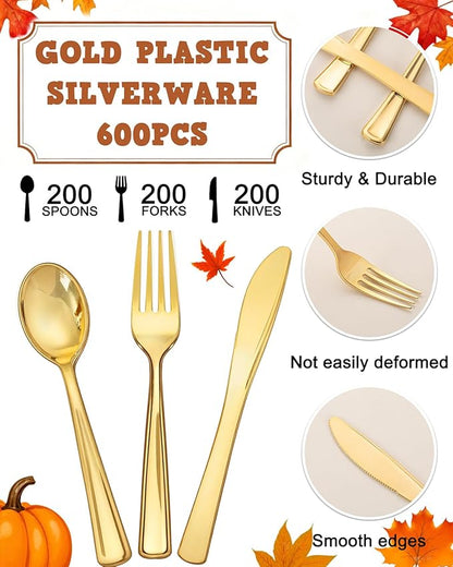bUCLA 600 Pieces Gold Plastic Silverware - Disposable Gold Utensils - Heavyweight Plastic Cutlery set- 200 Forks, 200 Spoons, 200 Knives for Party & Thanksgiving