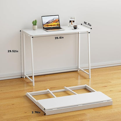 WOHOMO Folding Desk, Small Writing Desk 39.4", Space-Saving Foldable Laptop Table Writing Workstation for Home Office, Easy Assembly, White
