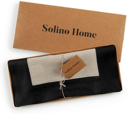 Solino Home Linen Table Runner 60 Inches - 100% Pure Linen Black and Natural Short Table Runner 14 x 60 Inch Ideal for Dresser and Coffee Tables - Contempo - Thanksgiving, Winter