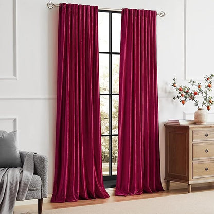 PRIMROSE Red Curtains 90 inch for Living Room Velvet Drapes Blackout Rod Pocket Back Tab Window Treatment Semi Room Darkening Decor Curtains for Bedroom Set of 2 Panels