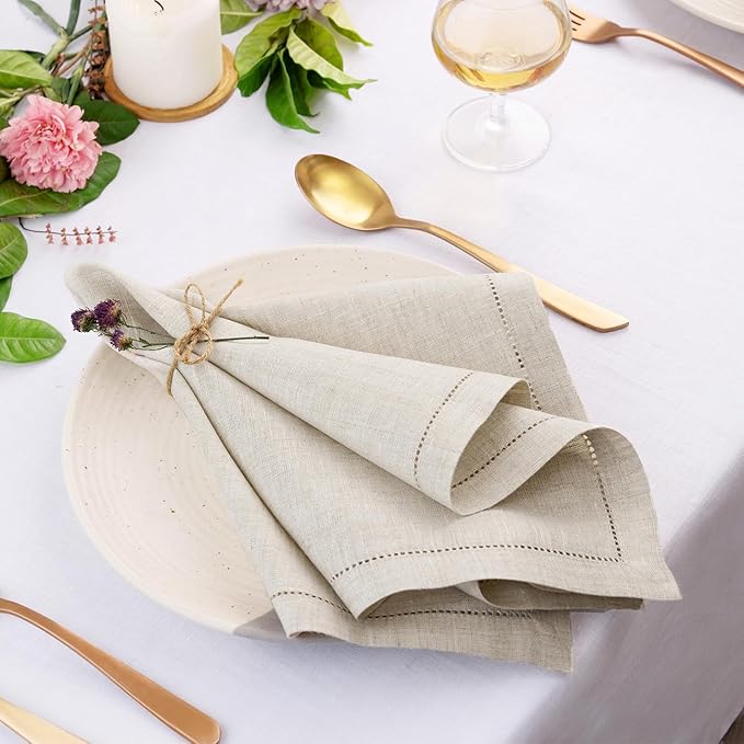 D'Moksha Homes Light Natural Linen Napkins Set of 4 - Classic Hemstitch 100% Pure Linen Hemstitch Dinner Napkins 20 x 20 Inch for Christmas, Holiday - Handcrafted and Machine Washable