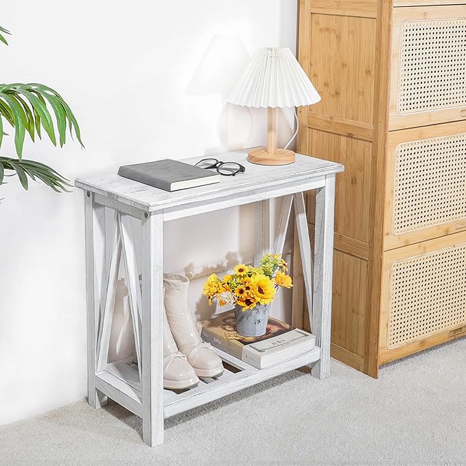 Farmhouse Narrow End Table Wooden Rustic White Side Tables with Storage Shelves Narrow Sofa Table for Small Spaces Living Room Bedroom Bathroom Dorm
