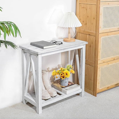 Farmhouse Narrow End Table Wooden Rustic White Side Tables with Storage Shelves Narrow Sofa Table for Small Spaces Living Room Bedroom Bathroom Dorm