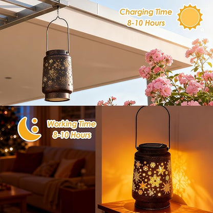 Outdoor Solar Lanterns Waterproof, 2Pack Metal Hanging Solar Lights Snow Garden Decor Birthday Gifts for Women Mom Grandma for Patio Backyard Yard Pathway Porch