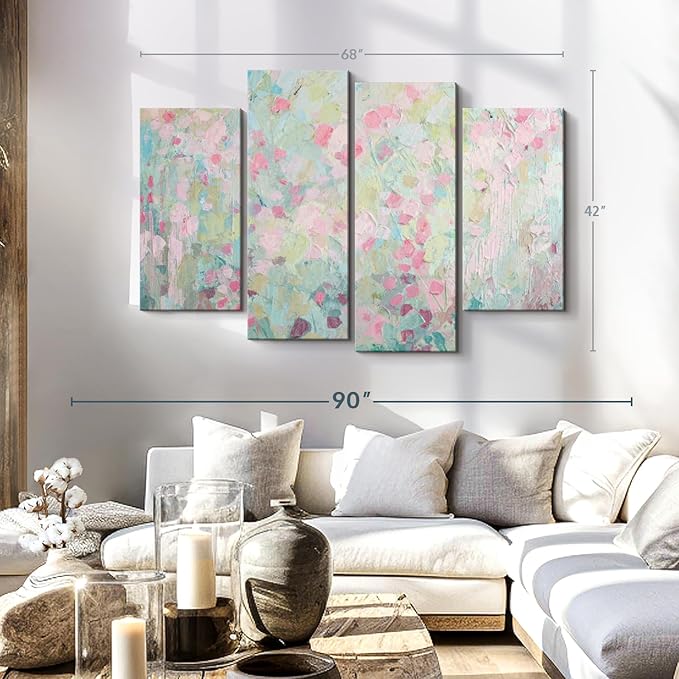 Elephant Stock Dancing Sakura Tree Wall Art - Horizontal Canvas - 4-Piece Living Room Wall Decor - Painting Abstract Canvas Print - Pink and Blue Decor for Wall by Ann Marie Coolick - 68" X 42"