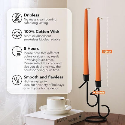 New Burning Formula Unscented Dripless 10-Inch Taper Candles Set of 12 - Orange, for Wedding, Dinner - Smokeless, Long Burning - Hand Poured, Colored Tall Candlesticks - Naranja