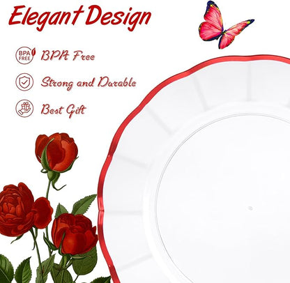 EI 150pcs Clear and Red Plastic Plates,Plastic Plates and sliverware,Clear Disposable Party Dinnerware Set for 30 Guests,Red Wavy Petal Edge Disposable Dinnerware Set for Wedding,Christmas,New Year