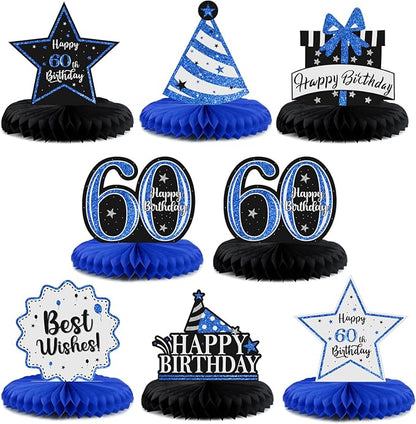 Happy 60th Birthday Decorations,60th Bday Blue Glitter Shiny Stand Honeycomb Table Centerpieces - Cheers to Sixty Years Old Birthday Party Photoprop Gift Sign.