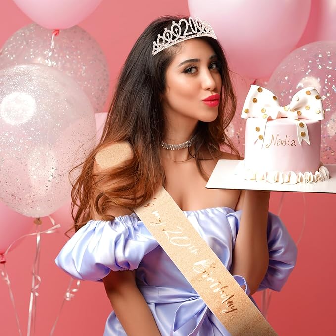 CIEHER 20th Birthday Crown and Sash for Girls, It's My 20 Bday Sash, 20th Birthday Decorations Rose Gold