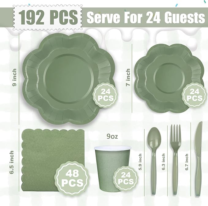 192 Pcs Sage Green Paper Plates And Napkins Set Party Supplies - For 24 Guests Paper Plates And Napkins Knives Spoons Forks Cups - For Baby Shower Bridal Shower Wedding