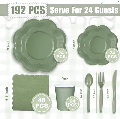 192 Pcs Sage Green Paper Plates And Napkins Set Party Supplies - For 24 Guests Paper Plates And Napkins Knives Spoons Forks Cups - For Baby Shower Bridal Shower Wedding