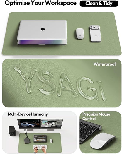 YSAGi Leather Desk Protector, Office Mat, Large Mouse Mat, Non-Slip PU Leather Blotter, Laptop Desk, Waterproof Writing Pad for Office and Home (Bamboo Green, 35.4" x 17")