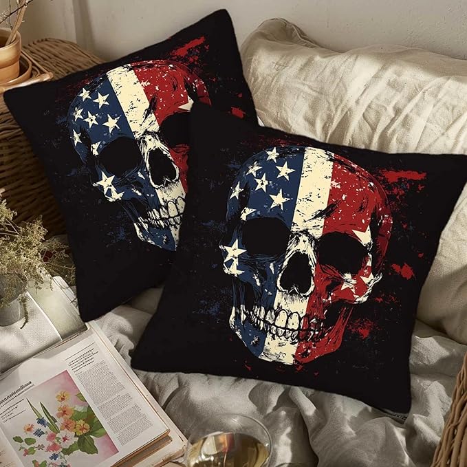 Patriotic Skull Throw Pillow Covers 18x18 Set of 2 | Decorative Cushion Cases for Couch, Sofa and Bedroom | Rustic Americana Home Decor for Living Room, Man Cave