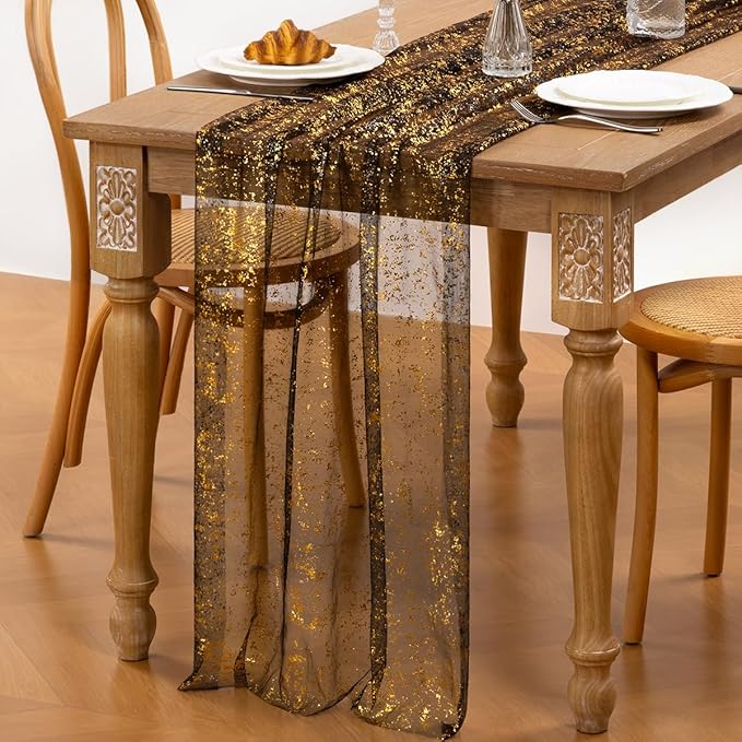 Black Gold Table Runner Sheer Gauze Cheesecloth Runner 120 Inch Glitter Wedding Anniversary Party Decor for Dining Table Home Celebration
