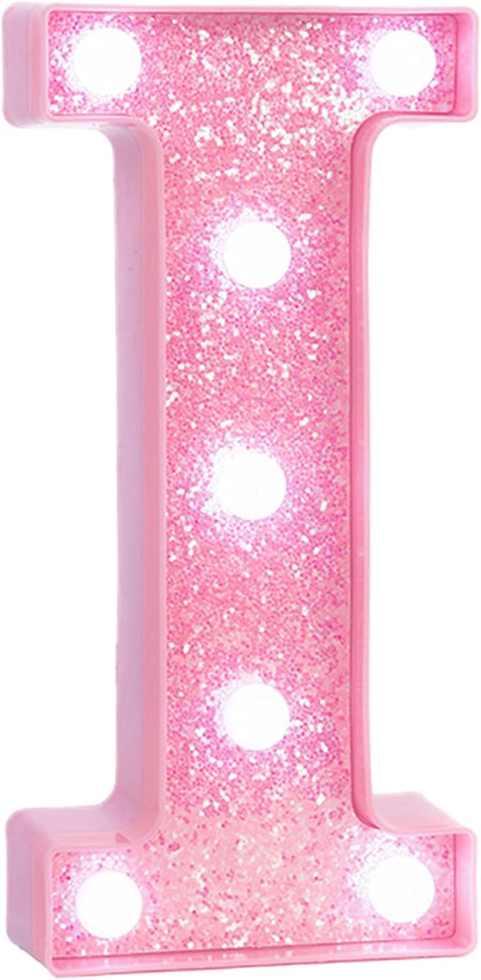Pink LED Marquee Light Up Letters, Glitter Alphabet Letter Lights for Birthday Party Decorations, Battery Operated Letter Signs for Girls Room Table Decor, Pink letter I with Cool White Lights