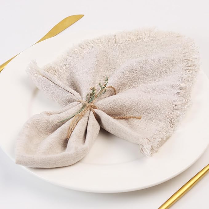 Handmade Cloth Napkins with Fringe,18 x 18 Inches Cotton Linen Napkins Set of 12 Versatile Handmade Square Rustic Fringe Napkins for Dinner, Wedding and Parties, Natural Linen