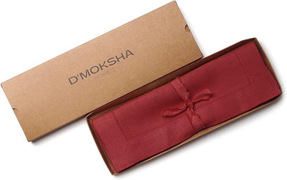 D'Moksha Homes Red Linen Placemats Set of 6 - Classic Hemstitch Placemats 14 x 19 Inch - 100% Pure Linen Table Mats for Winter, Christmas, Holiday - Handcrafted and Machine Washable