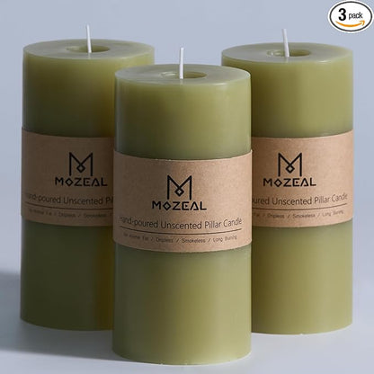 MOZEAL 3" x 6" Hand-Poured Unscented Candle, Dripless Pillar Candle Set of 3, Long Lasting Burning, Approx 120 Hours Burn Time, Rustic Country Style, for Wedding, Harvest Festival, Home Decor, Olive