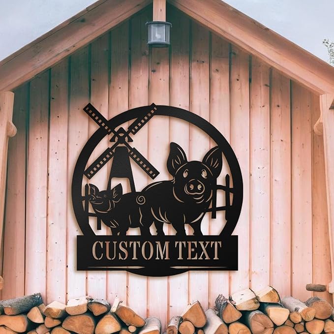 Custom Sign with Pig & Windmill - Custom Metal Sign, Pig Farm Sign, Rustic Pig Pens Farmhouse Decor Outdoor Decor, Gift for Mother's Day, Mom, Farmers, Grandma, Animal Lovers, Garden or Barn Decor