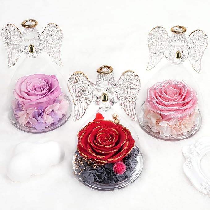 Miofula Preserved Flower Rose Birthday Gifts for Mom, Angel Figurines with Forever Real Rose Gifts for Her Mom Grandma, Angels Gifts for Mothers Day Christmas Anniversary Thanksgiving Birthday Gifts
