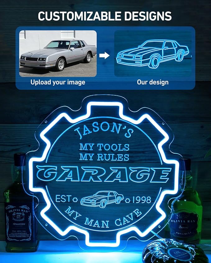Custom Garage Neon sign for Wall Decor with Timing Remote, Personalized Gear Garage LED Neon Light for Man Cave, Home Bar, Workshop, Son Dad Birthday Gift ICE BLUE