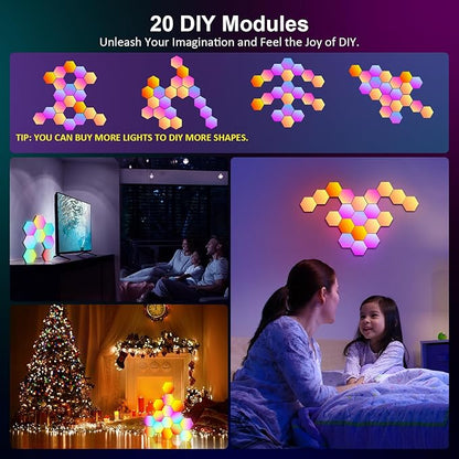 OJQ 20 Pack Hexagon Lights Wall RGB Panel - Hexagonal Led Lights Room Decor Wall Lights Birthday Decorations Gaming Equipment Honeycomb Shape Panels Hexagon Gaming Lights for Bedroom Children