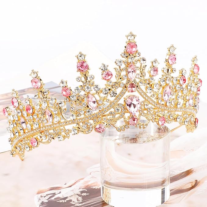 TOBATOBA Gold Pink Crown, Wedding Tiaras and Crowns for Women, Coronas Para Ramos Buchones De Flores, Queen Crown Royal Princess Quinceanera Headpieces for Birthday Prom Pageant Halloween Cosplay