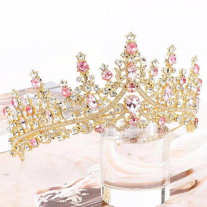 TOBATOBA Gold Pink Crown, Wedding Tiaras and Crowns for Women, Coronas Para Ramos Buchones De Flores, Queen Crown Royal Princess Quinceanera Headpieces for Birthday Prom Pageant Halloween Cosplay