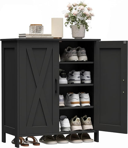 Farmhouse Shoe Cabinet with 2 Barn Doors & Wood Legs, 5-Tier Shoe Storage Cabinet with 3 Adjustable Shelves, Tall Shoe Rack Organizer for Closet, Shoe Organizer for Entryway, Hallway, Black