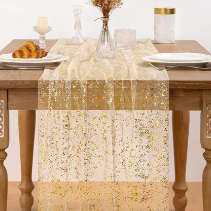 Beige Gold Table Runner 3 Pack Sheer Gauze Cheesecloth Runner 120 Inch Glitter Wedding Anniversary Party Decor for Dining Table Home Celebration