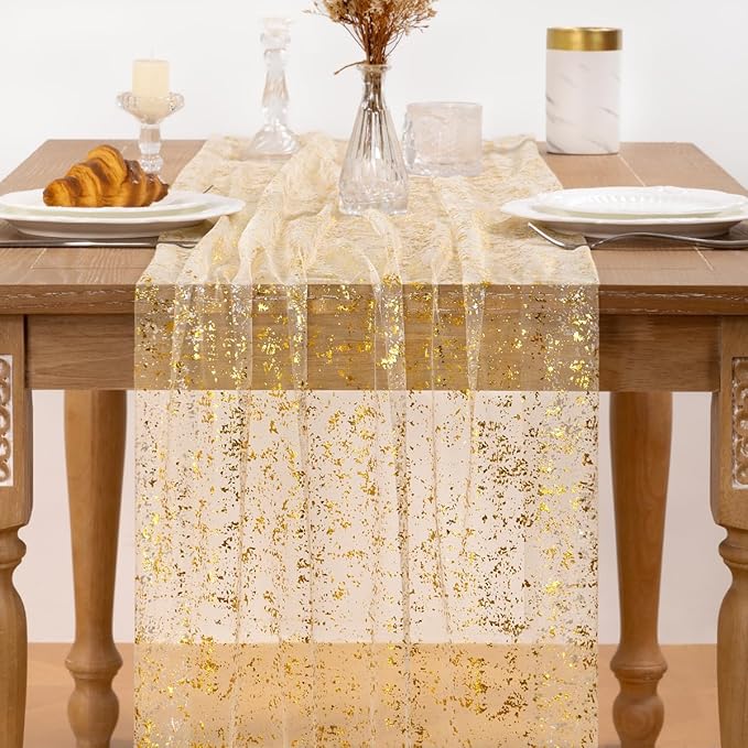 Beige Gold Table Runner Sheer Gauze Cheesecloth Runner 120 Inch Glitter Wedding Anniversary Party Decor for Dining Table Home Celebration