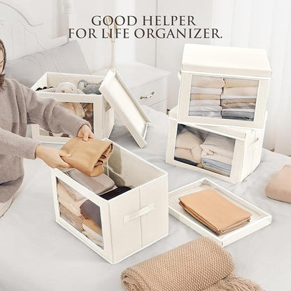 Storage Bins with Lids, 4 Pack Large Storage Cubes with Window, Closet Bins with Lids & Handles, Fabric Box for Organizing Clothes, Towels, Books, Beige