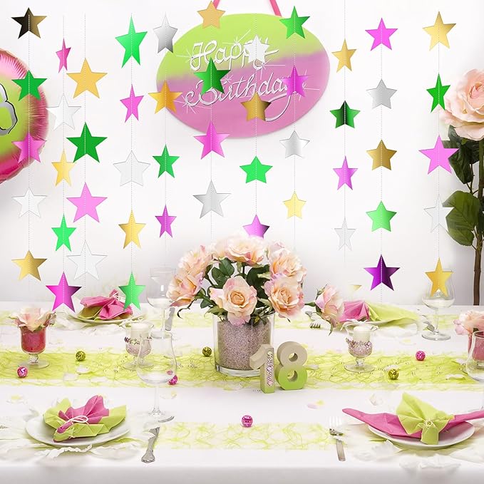 Patelai Glitter Star Garland Banner Christmas Decor 130 Feet Star Hanging Bunting Banner Twinkle Backdrop for Homecoming Classroom Wedding Birthday Halloween Party Supplies(Green,Pink,Gold,Silver)
