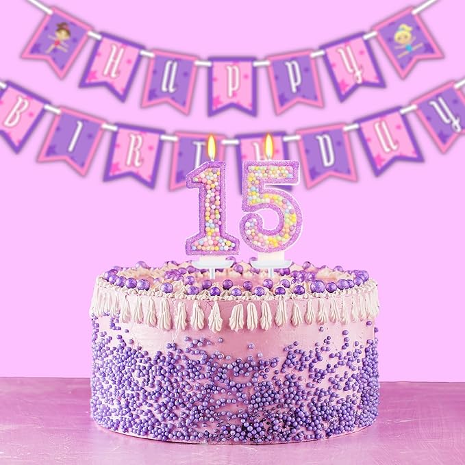 Purple Birthday Candles - Number 15 Candle, Colorful Macaron Candles, 15 Birthday Decorations for Girls, Purple Cake Decorations, Theme Party Supplies