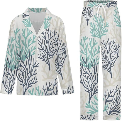Lemons Leaves Ceramic Style Womens Pajama Set Long Sleeve Pajamas Top And Pants Soft Loungewear Pjs Sets
