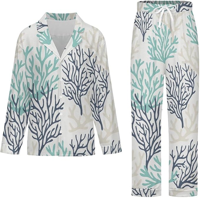 Lemons Leaves Ceramic Style Womens Pajama Set Long Sleeve Pajamas Top And Pants Soft Loungewear Pjs Sets