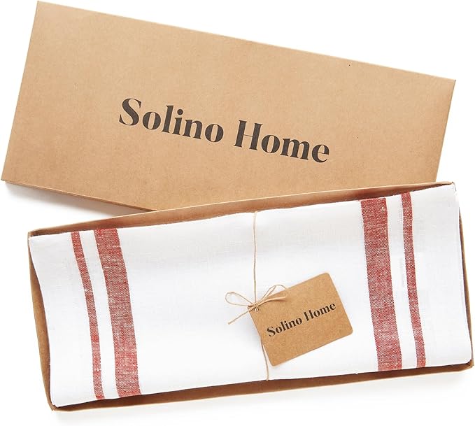 Solino Home Linen Table Runner 90 Inches Long - French Stripe, 100% Pure Linen Red and White Farmhouse Table Runner 16 x 90 Inch Ideal for Dining, Christmas, New Year